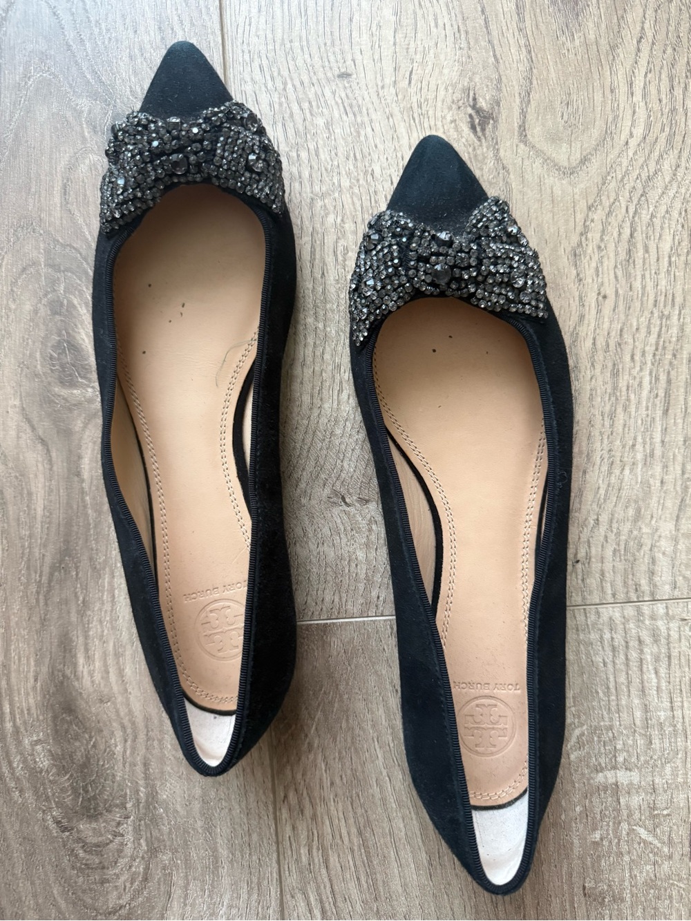 Tory Burch Black Suede Pointed Toe Flats with Crystal Bow
